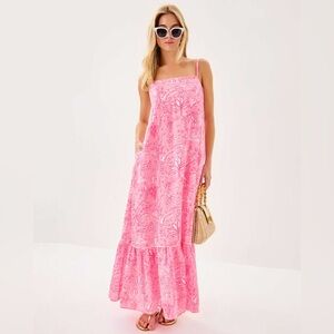 NWT Lilly Pulitzer Pink and White tropical Rozalie Linen Maxi Dress size 12 🌸💕🦩